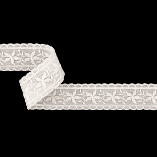 Bright White Floral Embroidered Trim with Scalloped Edges - 1.375"