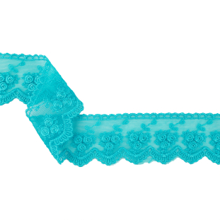 Turquoise Rose Trios Embroidered Lace on Mesh - 1.875"