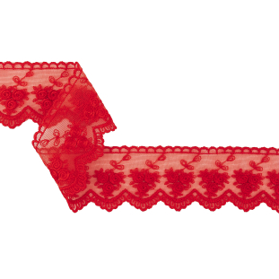 Red Rose Trios Embroidered Lace on Mesh - 1.875"