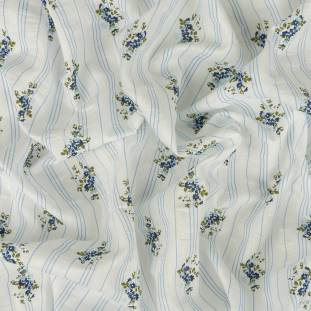 Blue and White Floral and Striped Cotton and Polyester Seersucker