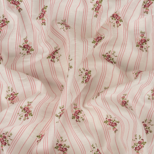 Pink and White Floral and Striped Cotton and Polyester Seersucker