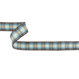 Brown, Blue and Pear Sorbet Plaid Woven Ribbon - 0.9375"