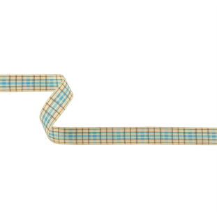 Sky Blue, Brown and Vanilla Ice Plaid Woven Ribbon - 0.625"