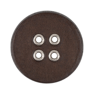 Italian Dark Brown and Shiny Silver Metal 4-Hole Leather Button - 52L/33mm