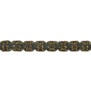 Green Gables and Golden Olive Abstracted Floral Beaded and Sequined Embroidered Lace Trim - 0.875&quot;