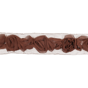 Brown 3D Chiffon Roses on Tulle Trim - 2.125"