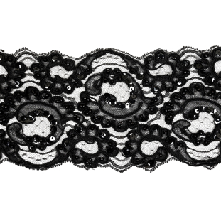 Black Abstract Beaded and Sequined Corded Lace Trim - 4.75"