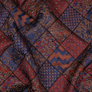 Metallic Royal Blue, Ruby and Bronze Patchwork Squares Luxury Brocade