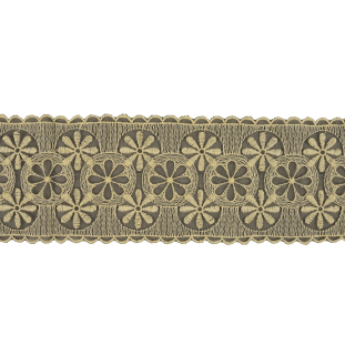 Pistachio Shell and Black Circles and Flowers Embroidered Mesh Lace Trim with Scalloped Borders - 4.25&quot;