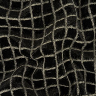 Black and Gray Windowpane Check Polyester Velvet Bonded with Fuzzy Gray Wool Knit