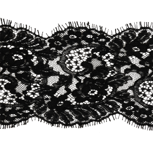 Black Floral Scalloped Corded Lace Trim with Eyelash Fringe - 4yds x 5.75"