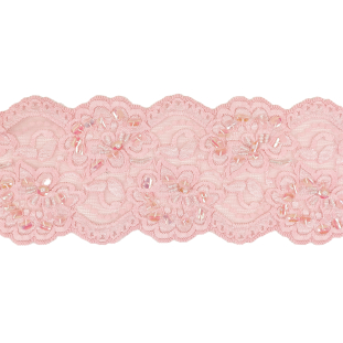 Pink Floral Beaded and Sequined Stretch Lace Trim with Finished Scalloped Edges - 3.5"