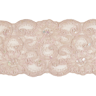 Beige and Pink Floral Faux Pearls and Sequins Corded Lace Trim - 5"