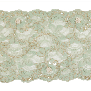 Fog Green, Gold and Ivory Floral Beaded and Sequined Metallic Corded Lace with 3D Flowers - 6.5"
