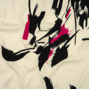Milly White Alyssum, Black and Hot Pink Brushstrokes Abstract Stretch Rayon Crepe Panel