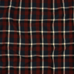 Italian Burgundy, Navy and White Plaid Stretch Polyester and Cotton Suiting