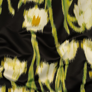 Carolina Herrera Italian Black Bean, Lime Green and White Alyssum Ikat Floral Polyester Satin