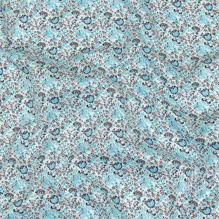 Turquoise, Blue Indigo and Umber Floral Cotton Sateen