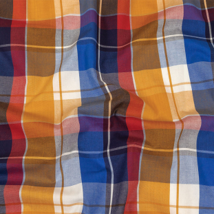 Blue, Orange and Red Plaid Cotton Shirting
