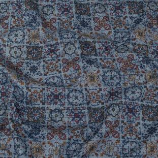 Blue, Red and Yellow Floral Tiles Brushed Cotton Twill