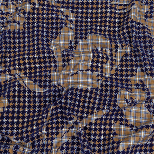 Navy, Tan and White Negative Space Florals in Flocked Houndstooth on Plaid Rustic Cotton and Polyester Woven