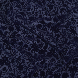 Navy Flocked Classical Florals on Diamond Cotton and Polyester Dobby