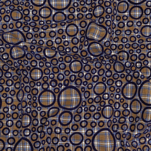 Tan, White and Navy Flocked Circles on Plaid Rustic Cotton and Polyester Woven