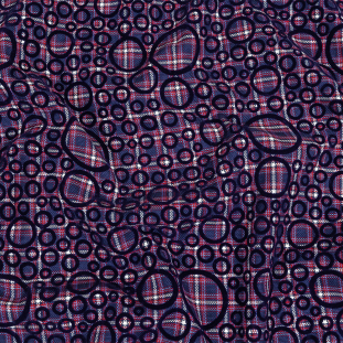 Estate Blue, Red and Navy Flocked Circles on Plaid Rustic Cotton and Polyester Woven
