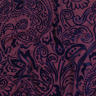 Navy Flocked Paisley on Purple and Red Paisley Cotton and Polyester Jacquard