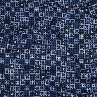 Navy Flocked Polka Dots on White, Twilight Blue and Maritime Blue Squares Stretch Cotton Twill