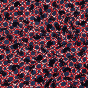 Salsa and Navy Flocked Paisley on Twisted Squares Printed Viscose Woven