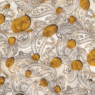Honey Gold, Brown and White Foiled Paisley on Polka Dot Printed Viscose Woven