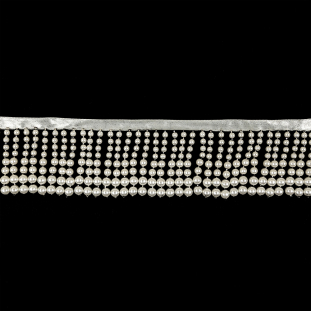 White and Silver Faux Pearl Beaded Fringe Trim on Satin Ribbon - 2.215"