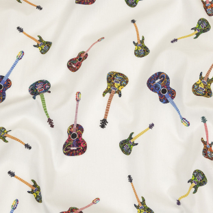 Blanc de Blanc and Multicolor Decorated Guitars Cotton Shirting