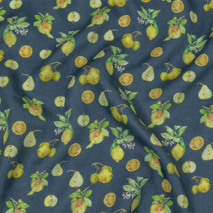 Navy and Green Apples, Pears and Oranges Medium Weight Linen Woven