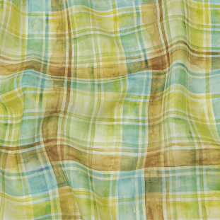 Yellow, Blue and Brown Watercolor Plaid Medium Weight Linen Woven