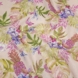 Pink, Purple and Green Watercolor Tropical Plants and Pineapples Medium Weight Linen Woven
