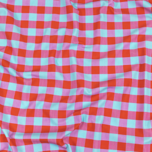 Red Orange and Aqua Checks UV Protective Compression Swimwear Tricot with Aloe Vera Microcapsules