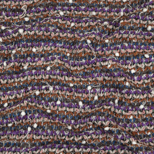 Purple, Burnt Orange and Gray Striped Tactile Cotton and Polyester Knit with Pom Poms