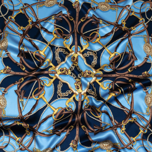 Mood Exclusive Italian Blue, Brown and Gold Bridles and Reins Silk Charmeuse Panel