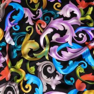 Mood Exclusive Italian Black and Rainbow Ornate Swirls Silk Charmeuse