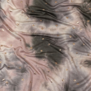 Pink, Olive and Metallic Gold Foiled Stars Stretch Rayon French Terry