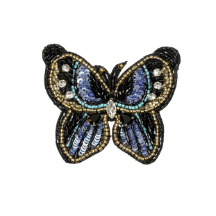 Blue Radiance and Black Butterfly Rhinestone and Glass Beaded Applique - 2.5&quot; X 2.875&quot;