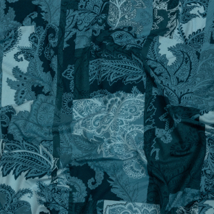 Moody Blue Patchwork and Paisley Stretch Polyester ITY Jersey