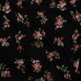 Black, Pink and Olive Floral Cotton and Rayon Jersey