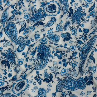 Classic Blue Blush and White Paisley and Floral Cotton and Rayon Jersey