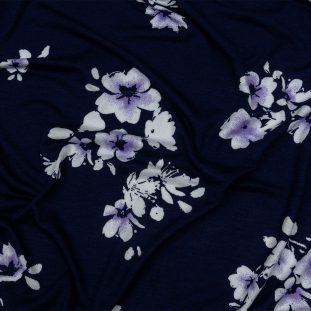 Navy, White and Lilac Floral Stretch Rayon Jersey