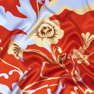 Italian Red, Beige and Sky Ornamental Floral Silk Charmeuse