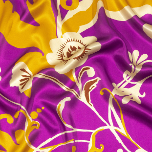 Italian Purple, Gold and Beige Ornamental Floral Silk Charmeuse