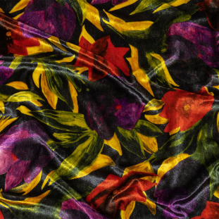 Balenciaga Italian Purple, Red and Yellow Painted Pansies Stretch Viscose and Nylon Velour